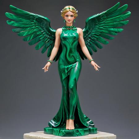 malachite_style, a woman, blonde hair, green wings, barefoot, solo, angel, jewelry, green made of malachite, anklet, angel, wings made of malachite, short hair, full body, bare shoulders, looking at viewer, clouds background, feathered wings made of malachite, toes, blue eyes, feet, bracelet, braid, smile, gem,sleeveless, armlet, crown made of malachite, closed mouth, realistic, photorealistic, lips, pants, flying, bracer, floating, toe ring, necklace, clouds