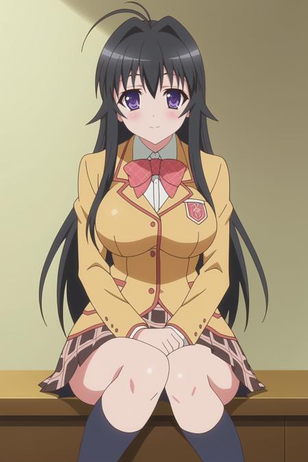 1girl, minamoto chizuru, kanokon, purple eyes, black hair, long hair, large breasts, 1girl, minamoto chizuru, kanokon, purple eyes, fox ears, fox tail, blonde hair, long hair, large breasts, school uniform, long sleeves, bow, plaid skirt, kneehighs, anime coloring, anime screencap,