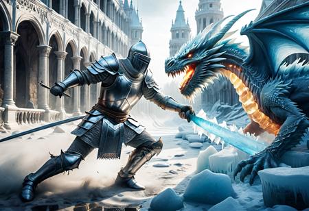 <lora:add-detail-xl:1> fighting  
A knight in shining silver armor fighting
A fr0stwrld fire breathing ice Dragon <lora:Fr0stWrld4:1>