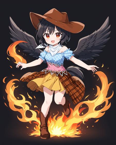 kurokoma saki,1girl, cowboy_hat, open_mouth, brown_footwear, white_background, brown_headwear, simple_background, puffy_short_sleeves, black_wings, brown_skirt, bandana, scarf, horse_tail, cowboy_boots, solo, fire, plaid, feathered_wings, blue_shirt, looking_at_viewer, overskirt, :d, off_shoulder, bare_shoulders, multicolored_dress, full_body, wolf
<lora:kurokoma_saki_image645_2023-12-20-000015:1>,star-shaped_pupils,symbol-shaped_pupils,. gorgeous,key visual, vibrant, studio anime,award-winning, professional, highly detailed,high budget, cinemascope