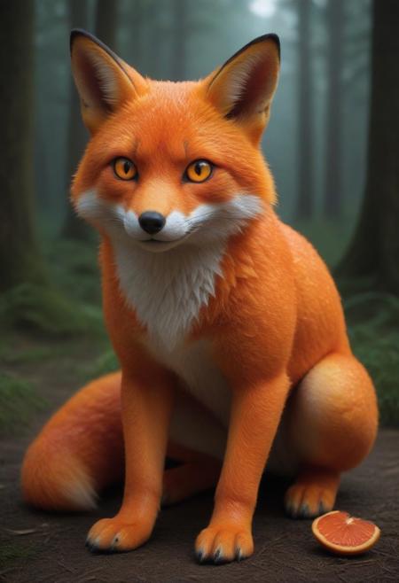 a surreal fox with textured blood orange peel fur, glowing eyes like citrus pulp, tail shaped like orange segments, fantasy creature design, highly detailed, magical forest setting, cinematic lighting, vibrant colors, mystical animal portrait, taste blood orange style, orange peel texture, fruit-fur hybrid, glowing citrus eyes, pulp glow, fantasy mutation, citrus creature