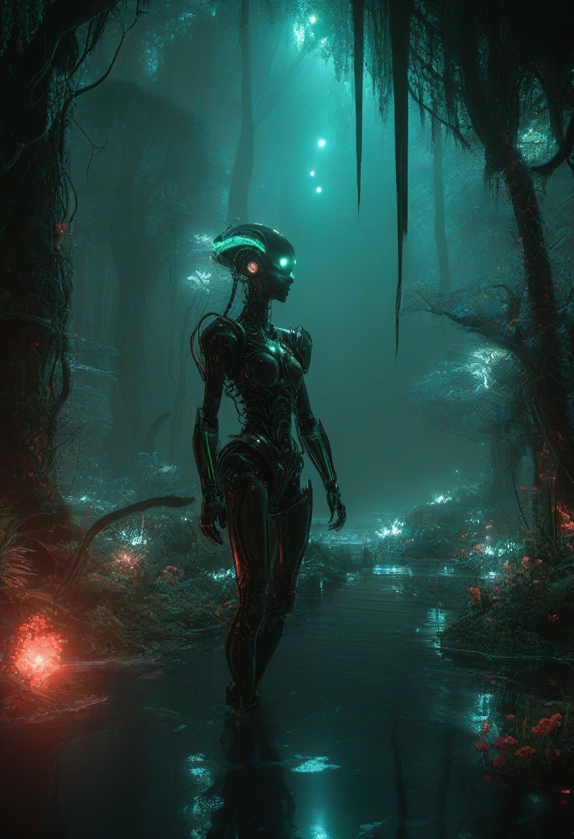 Ultrarealistic. sharp focus, dynamic lighting. play of light, reflection, refraction, Raytracing, Ultra detailed. Alien themed. Alien scenery. alien scenery background. alienworld. A gorgeous female robot in an alien forest. surrounded by ice.enchanting, cosmic, celestial, ethereal, vibrant flora, magical, luminous, serene, dreamy, radiant, bioluminescent, intricate details, surreal, enchanted forest
