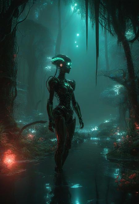 Ultrarealistic. sharp focus, dynamic lighting. play of light, reflection, refraction, Raytracing, Ultra detailed. Alien themed. Alien scenery. alien scenery background. alienworld. A gorgeous female robot in an alien forest. surrounded by ice.enchanting, cosmic, celestial, ethereal, vibrant flora, magical, luminous, serene, dreamy, radiant, bioluminescent, intricate details, surreal, enchanted forest