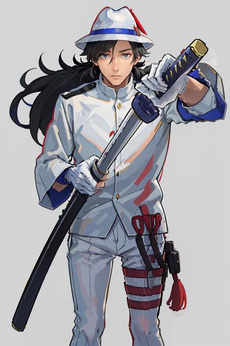 masterpiece, best quality, absurdres, 1boy, solo, SakamotoRyouma, black hair, ponytail, white hat, white jacket, white gloves, white pants, IncrsUnsheathingAKatanaMeme, sheath, holding sheath, <lora:SakamotoRyouma:1>, <lora:ChihiroUnsheathingAKatanaMeme:0.8>