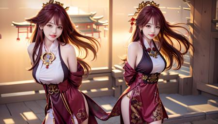 best quality, masterpiece, highres, 1girl,china dress,Beautiful face,hair ornament, （big boobs:1）(solo:1.5),looking at viewer,lips, dress,hair ornament, necklace, jewelry,( absurdly long hair:1.5), earrings, chinese clothes, architecture,east asian architecture<lora:GuoFeng3.2_Lora:1>,hanfu, (photorealistic:1.4),ultra high res, best quality,blush with shame,hair strand,arms behind back,(expressive hair:1.4),smile,upper teeth,


