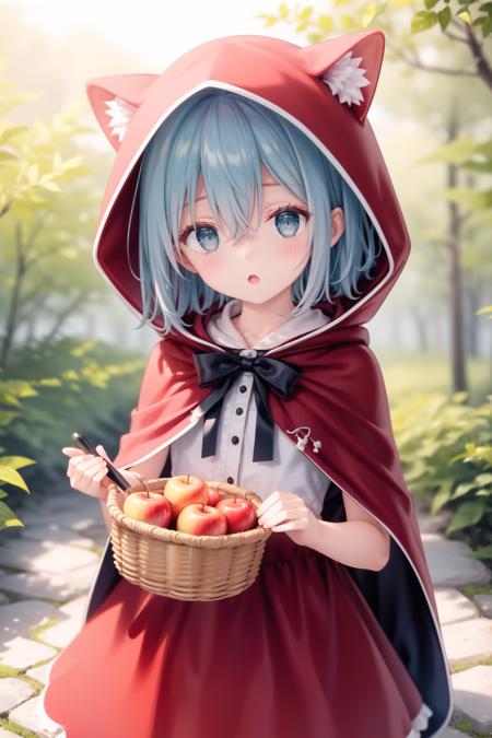 (masterpiece),(highest quality),highres,(an extremely delicate and beautiful),(extremely detailed),Amazing,finely detail,(flat:1.3),(petite),
1girl,fruit,apple,basket,solo,food,blue eyes,little red riding hood (grimm),little red riding hood (grimm) (cosplay),blue hair,holding basket,outdoors,forest,short hair,holding,hood,red hood,nature,dress,tree,hair between eyes,cosplay,bangs,hood up,red capelet,:o,red cloak,blush,day,hooded capelet,