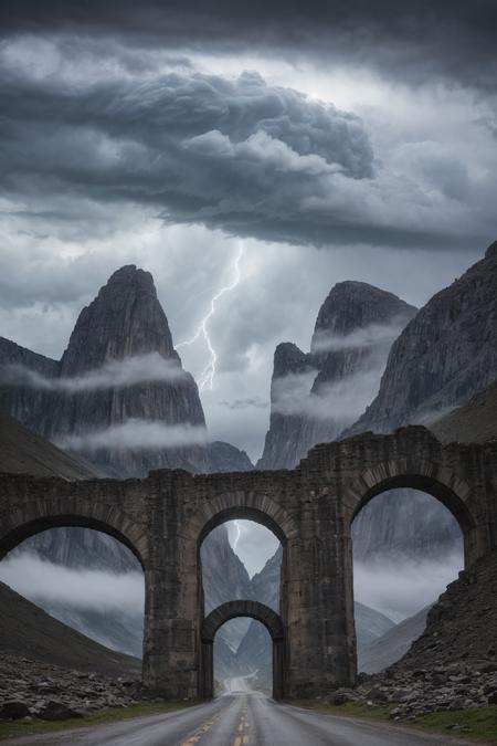towering mountain pass with giant stone arch, carved runes glowing faintly, epic foggy valley beyond, dramatic storm clouds, cinematic fantasy vibe, detailed rock textures, high altitude perspective, ancient road leading into the unknown