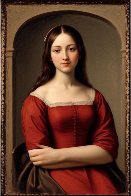 A (portrait of a woman:1.1) BREAK painted in (oil on canvas:1.1) BREAK in the style of (Renaissance art:1.1) BREAK featuring a seated woman with her hands folded BREAK with a (soft, natural color palette:1.1) BREAK lit with (gentle, diffused light:1.1) BREAK set against a landscape background with winding paths and a distant horizon BREAK [mysterious smile:0.9 | enigmatic expression:0.9] BREAK intricate details on the (woman's dress:1.1)