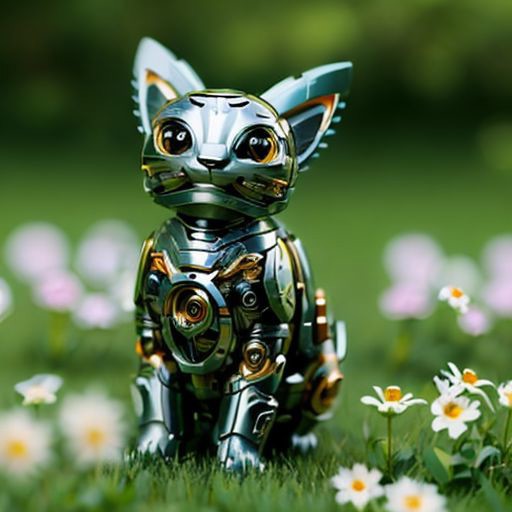 Mechanical cat, blurry background is a Meadow with many little flowers, sunny heaven, detailed glow, cute