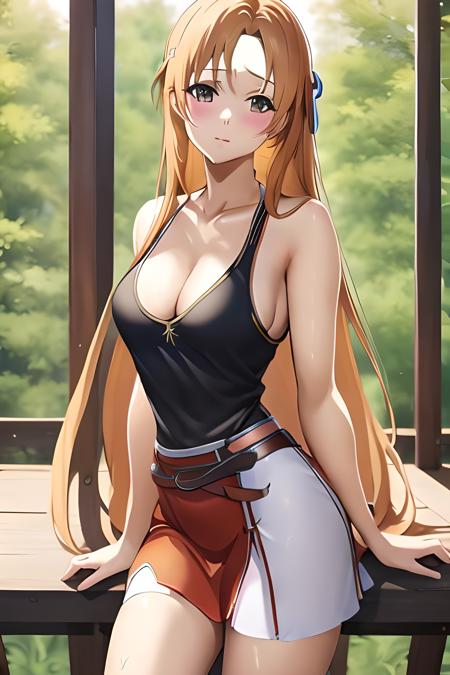 ((masterpiece)), ((best quality)), (slender_body:1.1), (wide_hips:1.2), (narrow_waist:1.2),
Asuna Yuuki, 1girl,  breasts, cleavage,  huge breasts, large breasts,  long hair, midriff, navel, outdoors, large boobs, orange hair, long hair, skirt, miniskirt, microskirt, nice ass, big boobs, realistic, ultra realistic, hyper realistic, real life, highly detailed, focused,
 <lora:downblouse-v1:0.6>  <lora:microskirt_v0.2:0.6> <lora:Asuna Yuuki 2:1>