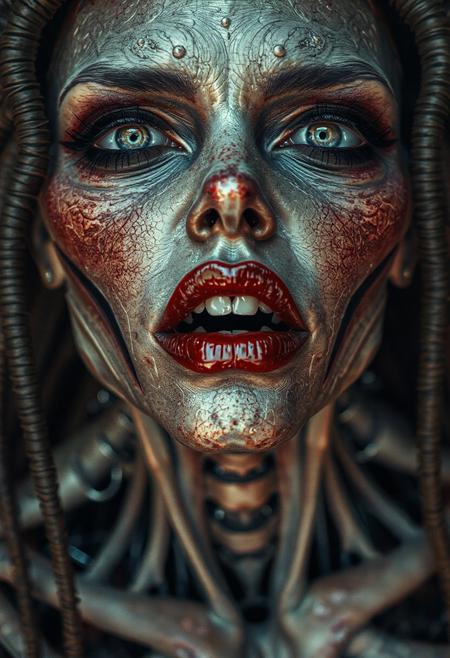 (highres, masterpiece:1.3), SHARP, CRU, HDR, 32K, ultra detailed, realistic, intricated, full body picture of a gorgeous biomechanical zombie realistic woman, red lips, highly detailed and textured, dutch angle, very realistic and impressive, fantastic dramatic color.