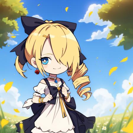 chibi,
1girl, solo, blue eyes, blonde hair, bow, flower, hair over one eye, dress, hair bow, outdoors, looking at viewer, black bow, field, white dress, drill hair, flower field, upper body, yellow flower, petals, frills, bangs, one eye covered, smile, day, closed mouth, long hair, earrings, sunlight, black ribbon, jewelry, ponytail,