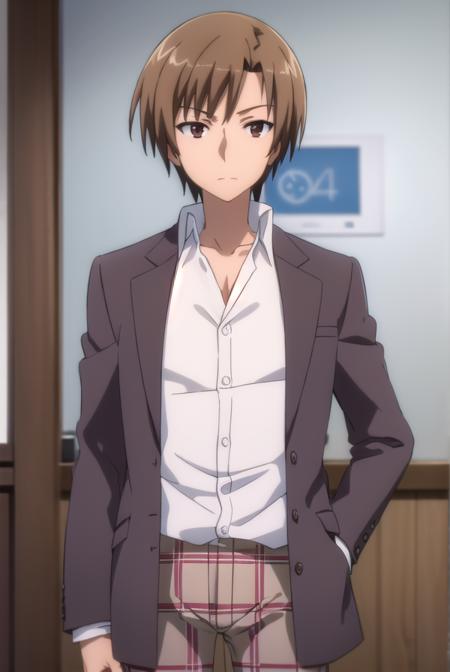 kensugisaki, <lora:ken sugisaki s2-lora-nochekaiser:1>,
ken sugisaki, short hair, brown hair, (brown eyes:1.5), male focus,
BREAK long sleeves, school uniform, jacket, pants, plaid, plaid pants, shirt, white shirt, collared shirt, brown jacket,
BREAK indoors, classroom,
BREAK looking at viewer, (cowboy shot:1.5),
BREAK <lyco:GoodHands-beta2:1>, (masterpiece:1.2), best quality, high resolution, unity 8k wallpaper, (illustration:0.8), (beautiful detailed eyes:1.6), extremely detailed face, perfect lighting, extremely detailed CG, (perfect hands, perfect anatomy),