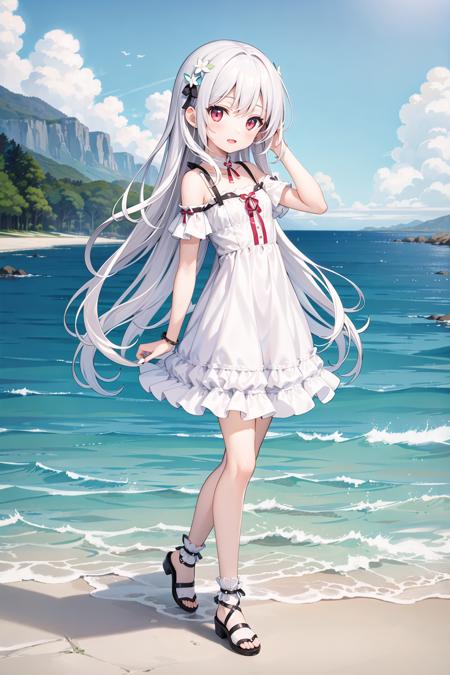 (((masterpiece))), best quality, illustration, young girl, 1girl with light white long hair, beautiful detailed red eyes, light white long straight hair, ((cute)), cute face, (petite), full body, solo, solo focus, standing, sea, sky