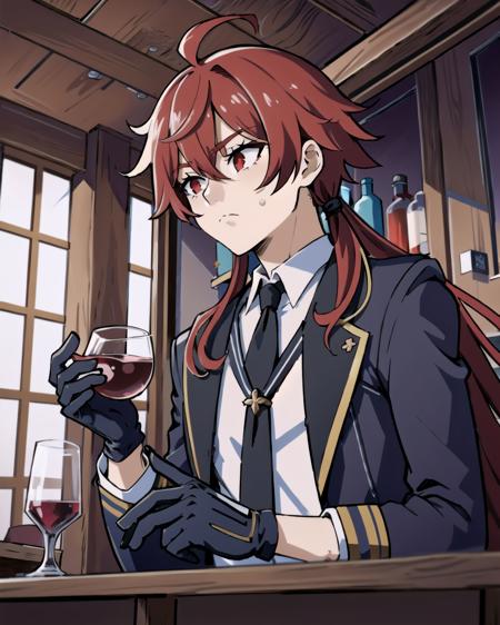 "1boy, alcohol, bangs, bar (place), belt, black coat, black gloves, black necktie, bottle, coat, cocktail glass, cup, diluc (genshin impact), drinking glass, expressionless, film grain, food, foreshortening, from below, fruit, genshin impact, gloves, indoors, lemon, lemon slice, liquor, long hair, long sleeves, looking down, male focus, necktie, nkmr souko, red eyes, red gloves, red hair, shirt, solo, symbol-only commentary, two-tone gloves, vision (genshin impact), white shirt, wine bottle", <lora:artista:1>