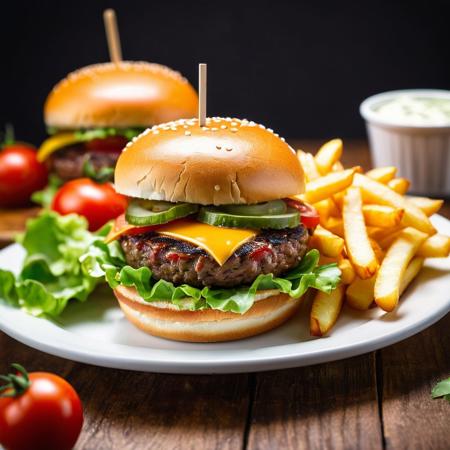 masterpiece, best quality,burger photo, food, burger, tomato, lettuce, blurry, food focus, realistic, no humans, salad, bowl, vegetable, meat, depth of field, still life, onion, blurry background, table, plate, indoors, french fries, cheese, cup  <lora:Burger photo_v1:0.6>  <lora:fodm4st3r:0.8>  <lora:Elixir:0.6>