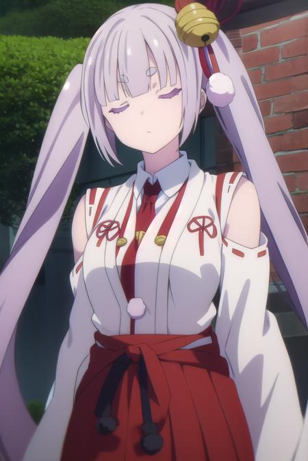 tsukuyoinaba, <lora:tsukuyoinaba-lora-nochekaiser:1>, 
tsukuyo inaba, long hair, hair ornament, twintails, very long hair, purple hair, (closed eyes:1.5), thick eyebrows,
BREAK skirt, japanese clothes, bell, hakama, hakama skirt, jingle bell, miko, hair bell, red hakama,
BREAK looking at viewer,
BREAK outdoors,
BREAK <lyco:GoodHands-beta2:1>, (masterpiece:1.2), best quality, high resolution, unity 8k wallpaper, (illustration:0.8), (beautiful detailed eyes:1.6), extremely detailed face, perfect lighting, extremely detailed CG, (perfect hands, perfect anatomy),