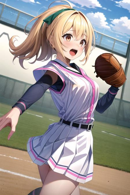 1girl, solo, masterpiece, best quality, absurdres, cute, ultra-detailed, (perfect anatomy, perfect hand), <lora:takanashi_yuzu-000160:0.6>, takanashi yuzu,open mouth, hair bow, upper body, ponytail, outdoors, >o. outstretched arm, green bow, baseball uniform, pink neckerchief, black undershirt, belt, pleated skirt, layered sleeves, short over long sleeves, dirty face, baseball, dirty clothes, baseball mitt, throwing