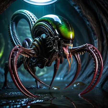 hyper-realistic, photo-realistic, cinematic, a highly detailed image of a fantasy hybrid creature that combines the spherical body of a Beholder and the sleek, elongated features of an Alien (Xenomorph). The creature has a large, glossy black spherical body with iridescent green and purple scales that shimmer in the light. Its central eye is enormous and menacing, glowing a vivid crimson, surrounded by intricate, pulsating veins.
Emerging from the top of the sphere are several long, sinuous tendrils resembling the elongated heads of Xenomorphs, each ending in a smaller eye that varies in color from icy blue to sickly yellow. These tendrils are articulated, giving them a dynamic, predatory appearance.
The creature's mouth is wide and filled with sharp, serrated teeth, reminiscent of both species, dripping with viscous saliva. Its skin has a slick, almost wet appearance, reflecting the dim light of its surroundings. 
Set the creature in a dark, eerie environment, possibly a shadowy alien landscape or a cavernous dungeon, with faint glimmers of bioluminescent plants or crystals illuminating the scene. The atmosphere should be tense and foreboding, capturing the essence of this terrifying hybrid monstrosity