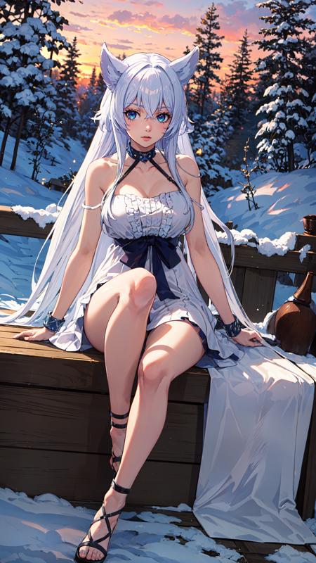 white hair long hair animal ears blue eyes white dress bracelets bare shoulders blue ribbon choker gladiator sandals