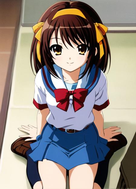 <lora:12-000020:0.5>,very detailed ,highres,(masterpiece_1.0),(best quality_1.0),1 girl, solo,haruhi suzumiya, sitting,on knees,kneeling, school uniform,yellow hairband, full body, looking at viewer,