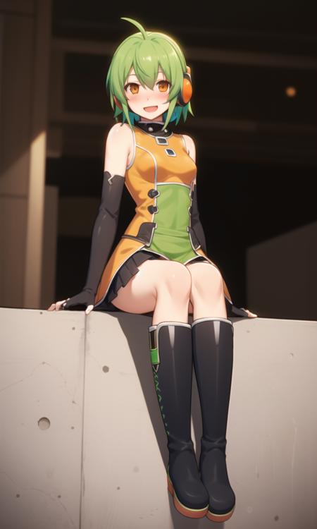 <lora:flchanv1:0.8>, flchan, 1girl, solo, green hair, gloves, fingerless gloves, boots, short hair, ahoge, elbow gloves, sitting, open mouth, smile, orange eyes, skirt, headset, knee boots, blush, black gloves, looking at viewer,