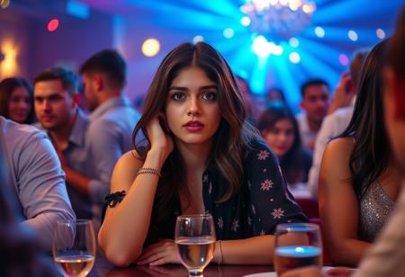A young woman, Priya, sitting at a table in crowded party, confused and scared facial expression