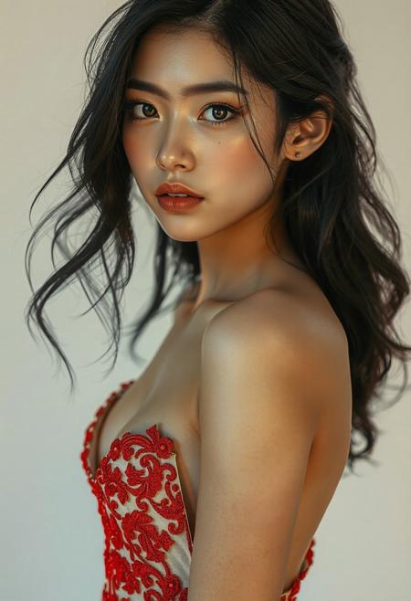 DSLR-style portrait of a slender, elegant 26-year-old Korean model, translucent pale skin with natural texture, soft shadow on cheek, diffused daylight from side, parted lips, clean background, solo, masterpiece, ultra high-res  
<lora:NOOB_vp1_detailer_by_volnovik_v1:1>
barely visible pores, subtle skin texture variation, translucent skin tone
A serious, photorealistic digital painting featuring Desiree92, a luscious woman with long black hair and golden-brown eyes. She has an athletic physique and larger breasts, with a few small cuts and bruises on her face. Her hair is styled in loose, flowing waves, and her face is adorned with a subtle, sultry expression, hinting at determination and concern, yet exuding submissiveness and sexual attraction to the viewer. Her posture is slightly slouched, with her shoulders back and her chest forward, accentuating her curves. She wears a low-cut, revealing summer dress with intricate, vibrant red decorations, showcasing her toned physique. The dress is short and tight, accentuating her legs and hips, making her look pretty and sexually attractive. The character stands in the foreground, engaged in the same activity as before, yet her demeanor and expression convey a sense of submission and allure, inviting the viewer's gaze. The image quality is ultrahigh definition, with precise details and textures, bringing Desiree92 to life in a warm and inviting climate.