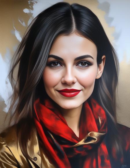 VictoriaJustice,<lora:VictoriaJusticeSDXL:1>breathtaking portrait of a gorgeous girl, sultry, red scarf, dark gold and black, gossamer fabrics, jagged edges, eye-catching detail, insanely intricate, vibrant light and shadow , beauty, paintings on panel, textured background, captivating, stencil art, style of oil painting, modern ink, watercolor , brush strokes, negative white space