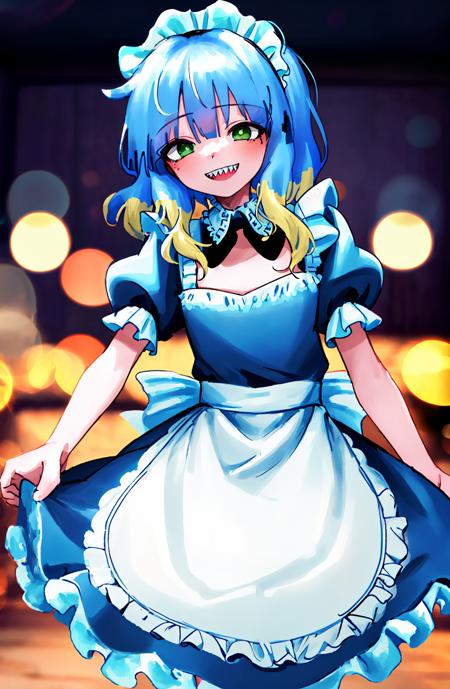 masterpiece,1boy,(sts boy:1.5)blue hair, blonde hair,blonde locks,blue bangs,(classic maid's clothes:1.3),green eyes, happy, smile,sharp teeth, solo,(frills:1.6), flat chest,kawaii face,(bokeh:1.6),light particles, cowboy shot, brilliant light,(indoors:1.5),black clothes,cinematic angle