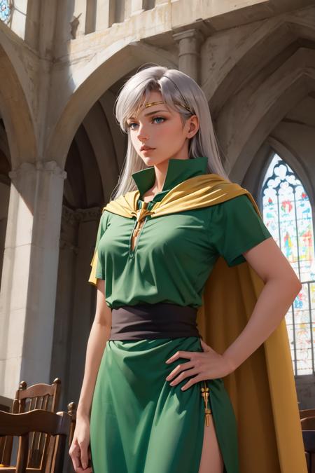 masterpiece, best quality, trsalicia, grey hair, medium breasts, circlet, green shirt, green dress, cape, hands to hips, from below, looking at viewer, confused, indoors, medieval architecture <lora:trsalicia-nvwls-v1-000009:0.9>