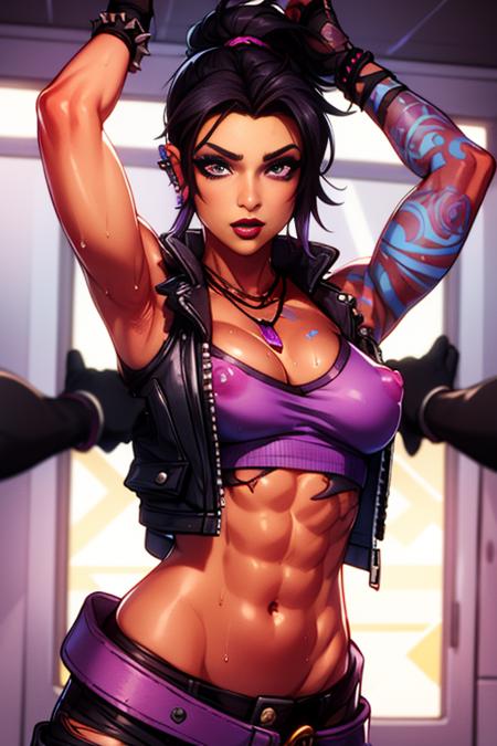 Amara, short black hair,ponytail, purple eyes ,lipstick ,toned , blue left arm tattoo, dark skin ,nail polish,  scars, upper body,  nipples covered, 
arms up, cleavage, sweat,  looking at viewer, 
AmaClot,right fingerless glove,ear piercing,earrings,midriff ,crop top,torn clothes ,vest with spikes ,bracelet,pants,boots,necklace,belt ,
spaceship,  window, stars milky ways, purple themed room,  purple walls,  gym, dark room, purple lighting, 
(insanely detailed, beautiful detailed face, masterpiece, best quality)   <lora:Amara:0.7>