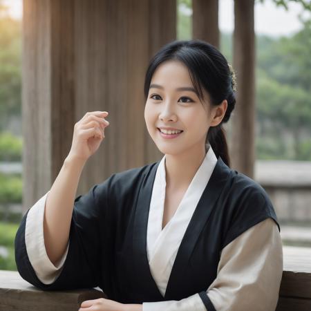 masterpiece,best quality,1girl,in black hanfu, shoulder-length hair,looking at viewer,smile,simple background <lora:OrientalWomenXL_V1-000008:0.6>