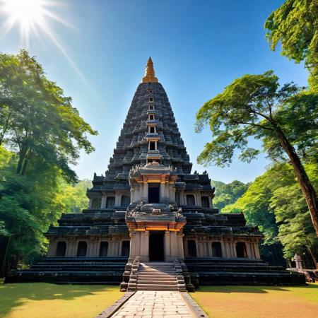 Very beautiful a imaginary temple site, sunny blue sky background and large dense forest. Very realistic photography.