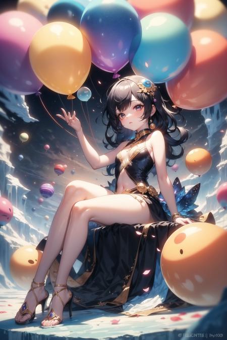 ([balloons:Small planets:0.5]:1.4), (Small_planets inside of balloons:1.4), (lots of colorful Small_planets:1.35), (colorful planets, earth, floating petals, big balloons:1.22), 1 girl, cute face, Full body, sitting, detailed beautiful eyes, bare legs, costume combination, Goddess, perfect body, [nsfw:0.88], (sitting on ice_planet:1.22), (lots of [floting blue Butterflies:floting ice:0.4]:1.22), (detailed light), (an extremely delicate and beautiful), volume light, best shadow, cinematic lighting, Depth of field, dynamic angle, Oily skin