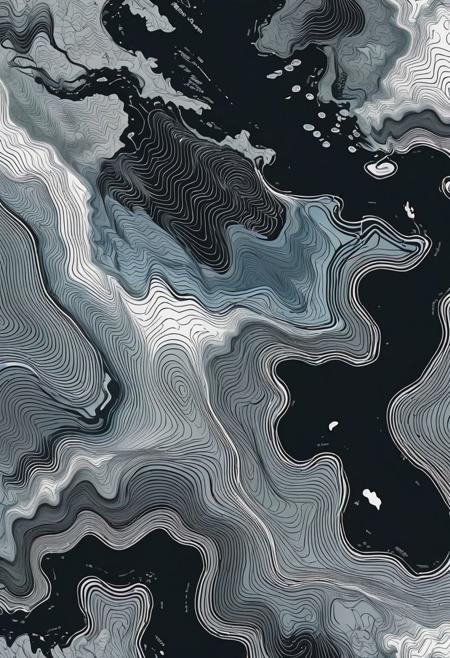 continuous Topographic map for t-shirt design, black and white, highly detailed, line art, flat color