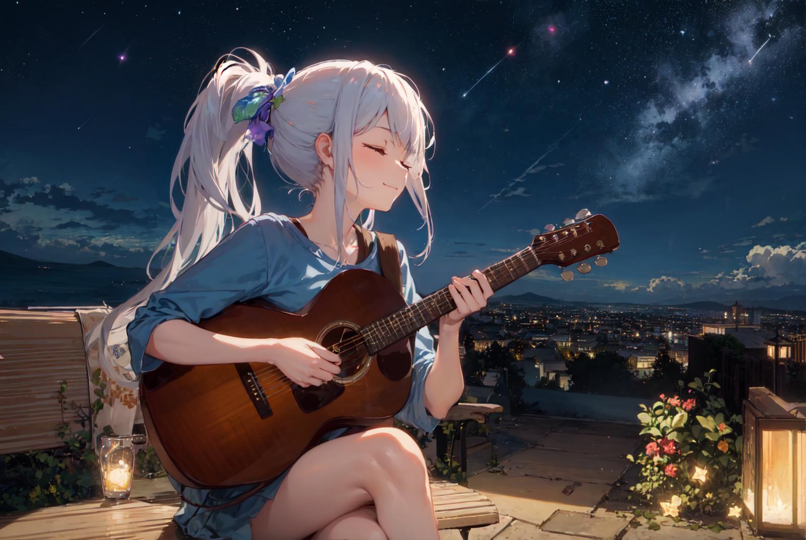 Anime Girl Playing Guitar at Night with City Lights in Background