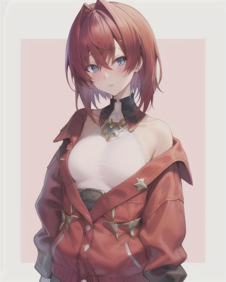 red hair,virtual youtuber,1girl,short hair,blue eyes,hair between eyes,hair ornament,solo,bangs,looking at viewer,hairclip,hair intakes,jacket,blush,breasts,shirt,off shoulder,long sleeves,simple background,ange style,<lora:ange_01:1>