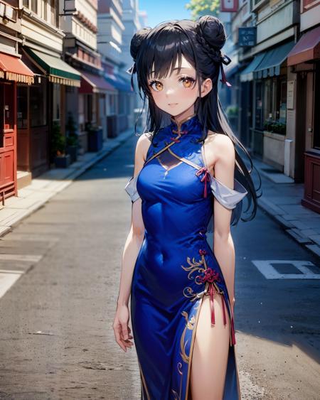 (best quality, masterpiece:1.2), illustration, absurdres,
(1girl, solo, beautiful detailed girl), cowboy shot,
<lora:Ashen:0.9>, Ashen Lu, orange eyes, black hair, long hair, braided buns, small breasts,
chinese clothes, china dress, blue dress, red shoes, red ribbons,
chinese architecture,  chinese theme, outdoor, street, sky, buildings
looking at viewer, happy,