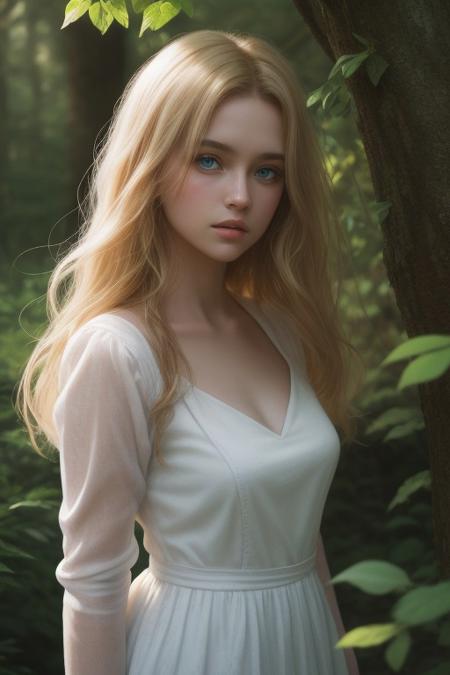 masterpiece, best quality, amazing quality, 4k, very aesthetic, high resolution, ultra-detailed, absurdres, newest, scenery, (dappled sunlight:1.2), rim light, backlit, dramatic shadow, 1girl, long blonde hair, blue eyes, shiny eyes, parted lips, medium breasts, puffy sleeve white dress, forest, flowers, white butterfly, looking at viewer, sideways glance, leaning side against tree, vines, green, arms, upper body, close-up, dutch angle, shiny skin, BREAK, dramatic shadow, depth of field, vignetting, volumetric lighting