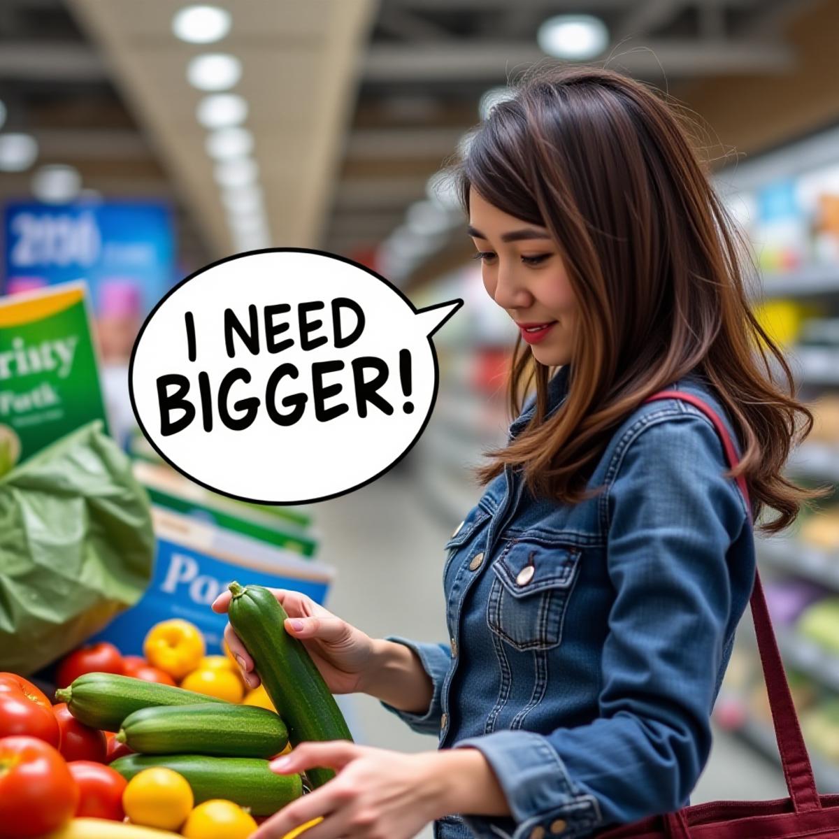 Realistic photography of Young asian woman shopping in mall, she is picking up cucumber, she is holding cucumber. She have speech bubble that says "I NEED BIGGER"