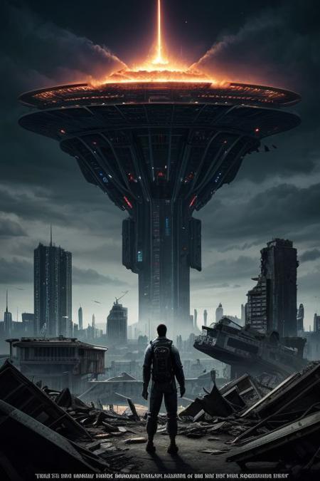 score_9, score_8_up, score_7_up, movie poster,
Title of the film in large letters in the center of the poster, striking image, alien spacecraft towering over a city in ruins in the background, 3 heroes look determinedly towards the horizon In the foreground, Captain Elena Rodriguez, Commander Li Wei, Sergeant Malik Ahmed, dark and menacing atmosphere, realistic, <lora:more_details:0.5>