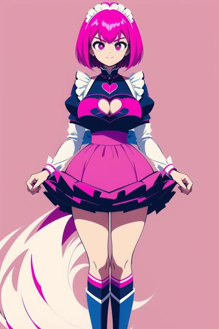 girl, (wallpaper:1.3),(clenched hands,closed hands, punch),smiling, New,Farm Background,Pear Body,Oppai,standing,Short Hair,Combover Hair,(cerulean Heart Cleavage Cutout,magenta Skirt:1.3),nijisanji,Maid Dress ,(masterpiece,detailed,highres:1.4) <lora:shoals:0.9>