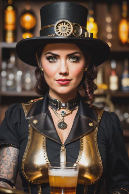 up close photo of kut as a steampunk bartender, 3d model, very coherent symmetrical artwork, 8k, micro detail,  Nikon D850, (35mm|50mm|85mm),<lyco:KateUpton-RealVision-V1.0:1.0>