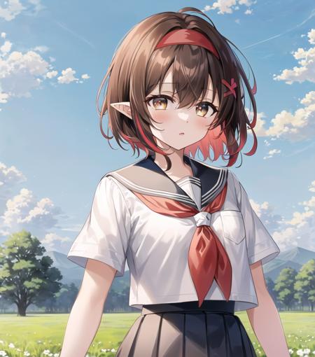 solo, short hair, <lora:Gena9-10:0.5>, colored tips, two-tone hair, multicolored hair, red hairband, (brown hair:1.1), red hair, <hypernet:Mitsuba_Choco:0.9>, (masterpiece, best quality:1.2), extremely detailed, jewel like eyes, blue sky, clouds, park, trees, field, serafuku, white shirt, blue_sailor_collar, red_neckerchief, kitauji_high_school_uniform, blue skirt, pleated skirt, solo