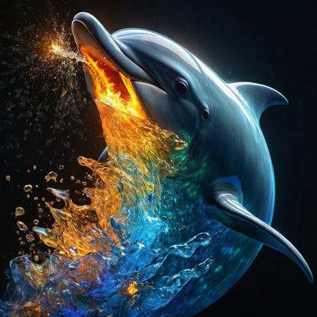 Dolphin breathing fire with its mouth, Broken Glass effect, no background, stunning, something that even doesn't exist, mythical being, energy, molecular, textures, iridescent and luminescent scales, breathtaking beauty, pure perfection, divine presence, unforgettable, impressive, breathtaking beauty, Volumetric light, auras, rays, vivid colors reflects