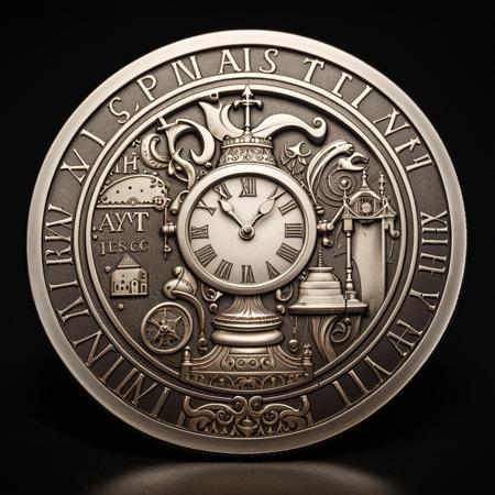 photograph a (silver) c01n with an clock inscription over black background