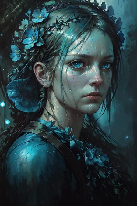 by Jeremy Mann, photorealistic, (male features), (colorful), Post-Production, Intricate, (radiosity), blue eyes, (highest quality), a colossal cyan raintree, gloomy, a closeup portrait of a [pensive|sorrowful] maid, a flowery wreath on her head, fireflies