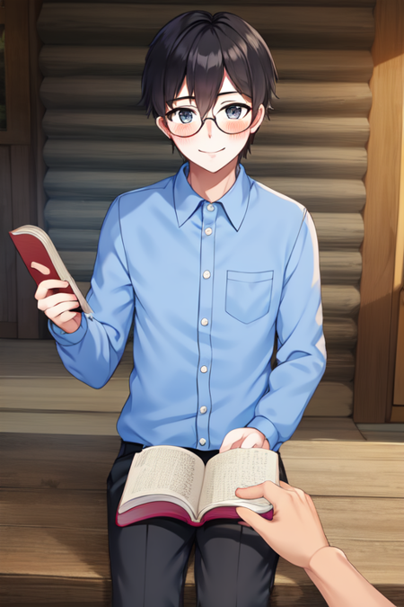 ccanatoly, 1boy, glasses, POV, blush, smile, looking at viewer, cabin, books