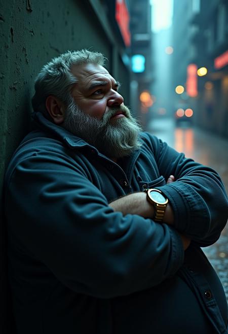 hazey cool cinematic atmosphere, 1990s furistic scifi film, movie still photograph in portrait orientation, bara manga style, set in a dark setting accented by rimlight. Hugo: A 55-year-old muscle-bear, standing tall at 185cm, is characterized by his stocky build and big belly. He has a grayish beard, short salt and pepper hair, a wide face with a double chin, hairy arms, and a unique wide crooked nose. A golden earring shines from his right ear. Clad in a cozy flannel shirt, his presence reflects that of an architect or a knowledgeable university professor. Pose: Hugo leans with back against wall, head tilted against wall, deeply engrossed while looking at viewer, flirting with viewer with a smirk, a blame! Megastructure-inspired metropolis.